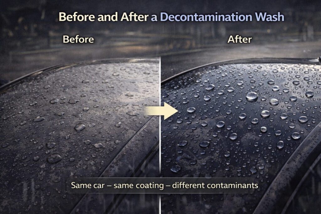 Split screen showing a car's ceramic coating before and after a decontamination wash, demonstrating how removing bonded contaminants restores tight water beading.