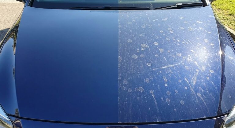 Split screen showing a clean dry car vs a car covered in dried white water spots