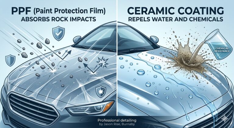 Infographic comparing Paint Protection Film (PPF) and Ceramic Coating. Left shows PPF absorbing rock impacts, right shows ceramic repelling water and chemicals. Professional detailing by Jason Rise, Burnaby.