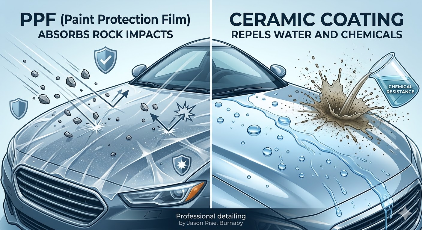 Infographic comparing Paint Protection Film (PPF) and Ceramic Coating. Left shows PPF absorbing rock impacts, right shows ceramic repelling water and chemicals. Professional detailing by Jason Rise, Burnaby.