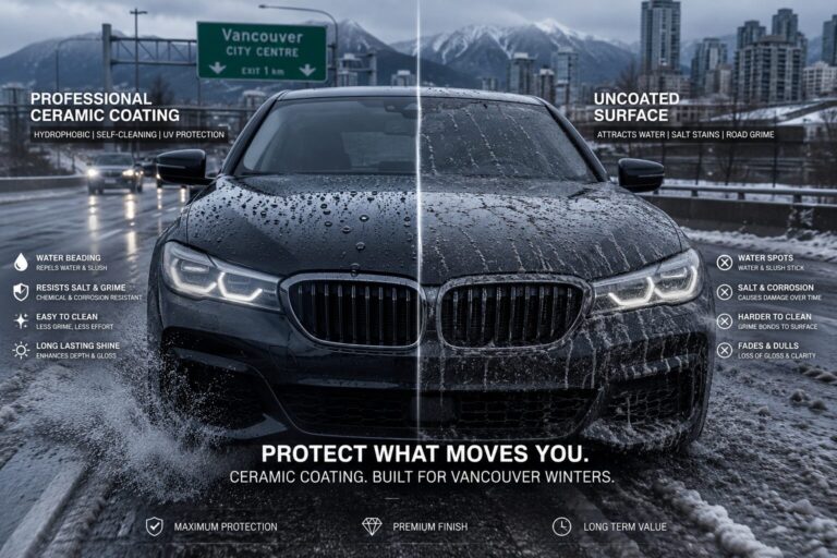 A luxury sedan driving through wet, salty slush on a Vancouver highway during winter, with a split-screen effect highlighting the hydrophobic water-beading performance of a professional ceramic coating resisting road grime on the hood.